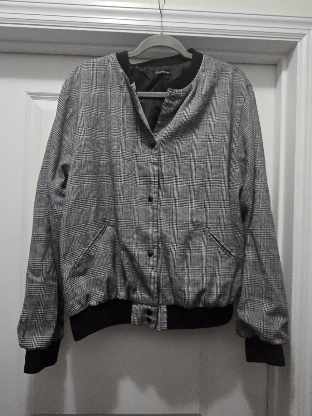 Shinestar Plus Size 3X Gray Glen Plaid Bomber Jacket Black Trim